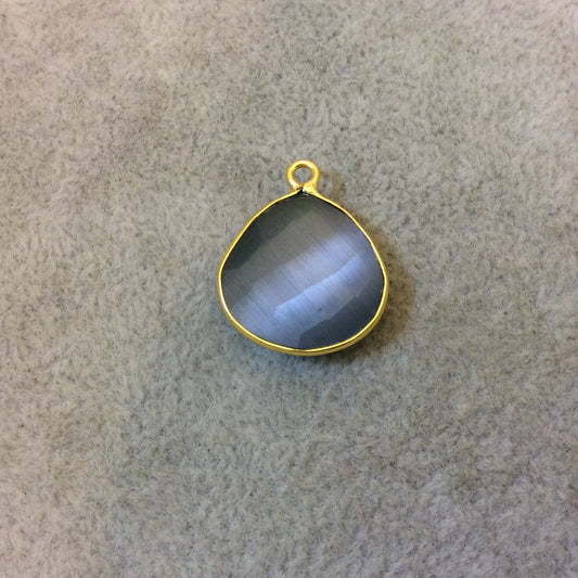 Gold Plated Faceted Synthetic Gray Cat's Eye (Manmade Glass) Heart/Teardrop Shaped Bezel Pendant - Measuring 18mm x 18mm - Sold Individually