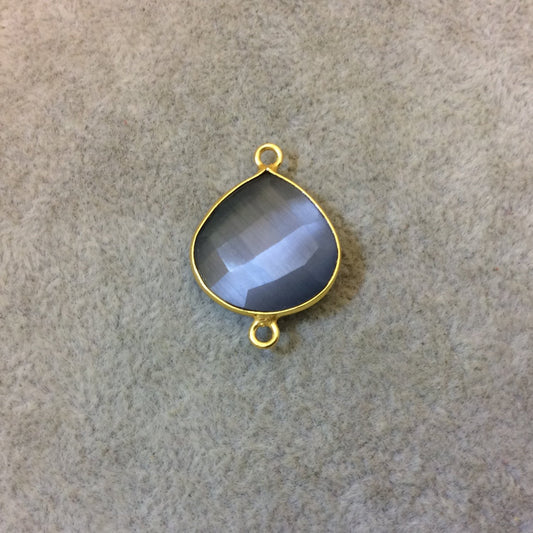 Gold Plated Faceted Synthetic Gray Cat's Eye (Manmade Glass) Heart/Teardrop Shaped Bezel Connector - Measuring 18mm x 18mm - Sold Individual