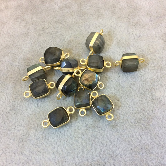 Labradorite Bezel | Gold Finish Faceted Natural Iridescent Cube/Square Shaped Plated Copper Connector/Link 8mm - Sold Individually, Random