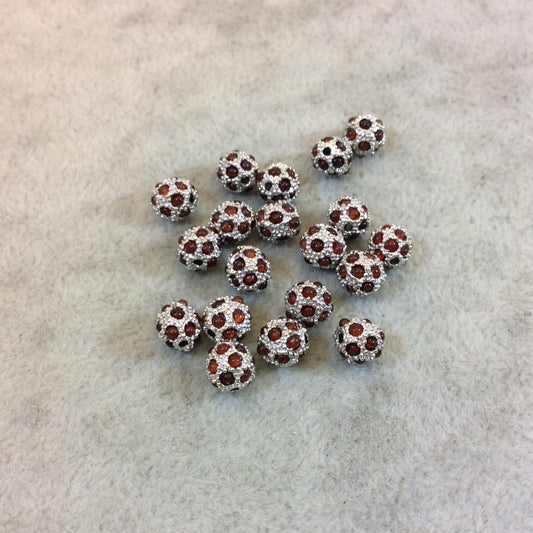 6mm Pave Style Red Glass Encrusted Silver Plated Round/Ball Shaped Beads with 1mm Holes - Sold Individually - Elegant Metal Beads