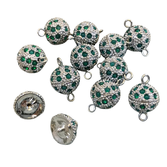 11mm Pave Style Green Glass Encrusted Silver Plated Round/Ball Shaped Threaded Twist Clasps- Sold Individually - Elegant and Classy