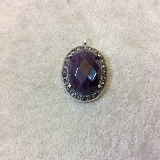 Pave Rhinestone Encrusted Faceted Natural Purple Amethyst Oval Shaped Pendant with Silver Plated Setting - Measuring 21mm x 27mm, Approx.