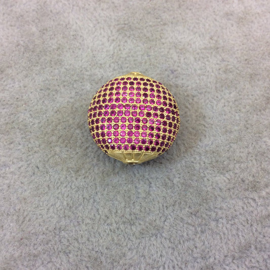 Gold Plated Fuchsia CZ Cubic Zirconia Inlaid Puffed Coin Shaped Copper Bead - Measuring 25mm x 25mm - See Related for Other Colors!