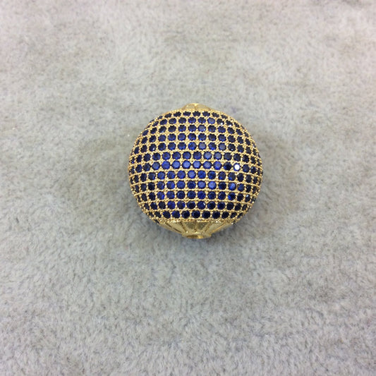 Gold Plated Dark Blue CZ Cubic Zirconia Inlaid Puffed Coin Shaped Copper Bead - Measuring 25mm x 25mm - See Related for Other Colors!