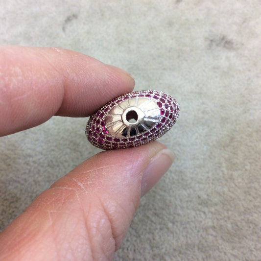 Silver Plated Fuchsia CZ Cubic Zirconia Inlaid Puffed Coin Shaped Copper Bead - Measuring 25mm x 25mm - See Related for Other Colors!