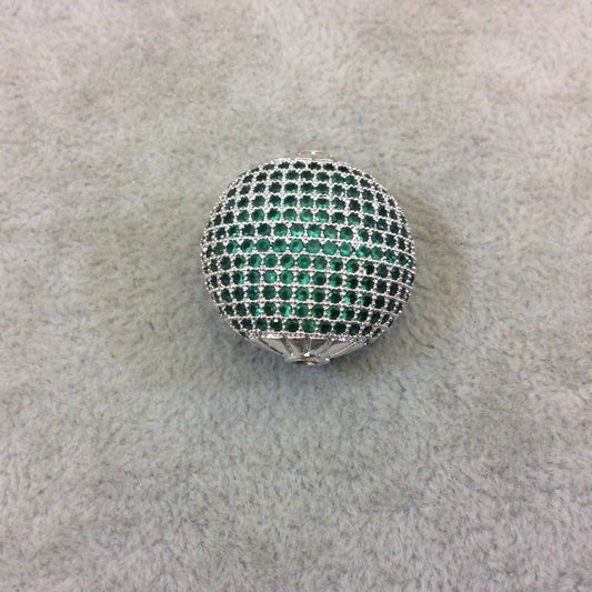 Silver Plated Green CZ Cubic Zirconia Inlaid Puffed Coin Shaped Copper Bead - Measuring 25mm x 25mm - See Related for Other Colors!
