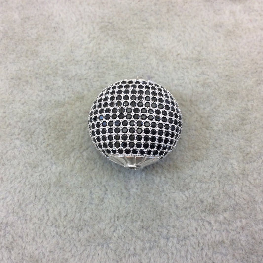 Silver Plated Jet Black CZ Cubic Zirconia Inlaid Puffed Coin Shaped Copper Bead - Measuring 25mm x 25mm - See Related for Other Colors!