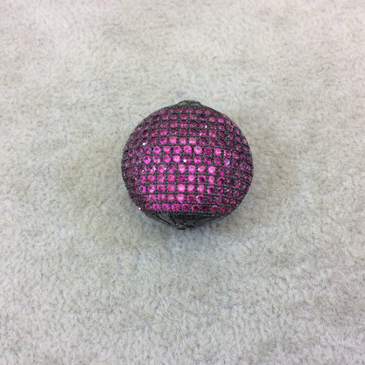 Gunmetal Plated Fuchsia CZ Cubic Zirconia Inlaid Puffed Coin Shaped Copper Bead - Measuring 25mm x 25mm - See Related for Other Colors!