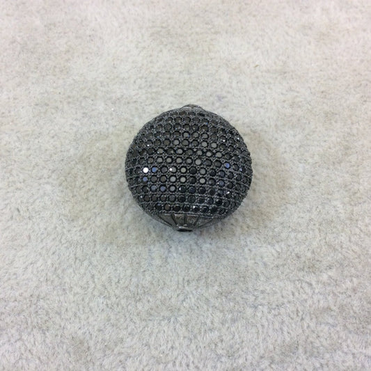 Gunmetal Plated Jet Black CZ Cubic Zirconia Inlaid Puffed Coin Shaped Copper Bead - Measuring 25mm x 25mm - See Related for Other Colors!