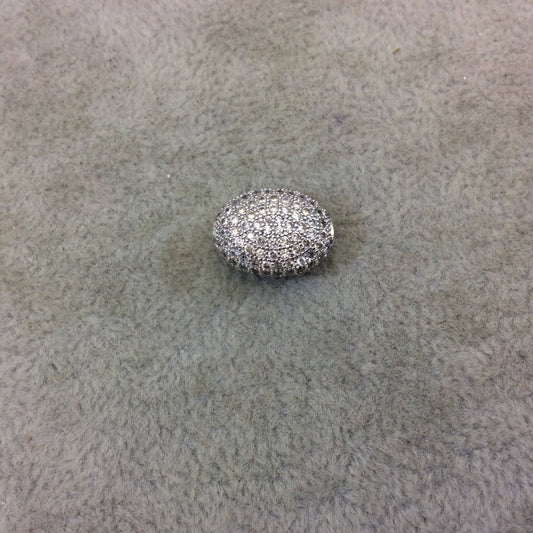 Silver Plated White CZ Cubic Zirconia Inlaid Puffed Oval Shaped Copper Bead - Measuring 11mm x 15mm - See Related for Other Colors!