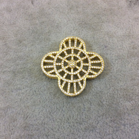 Gold Plated White CZ Cubic Zirconia Inlaid Flat Ornate Open Quatrefoil/Clover Shaped Copper Slider with 2mm Hole - Measuring 35mm x 35mm