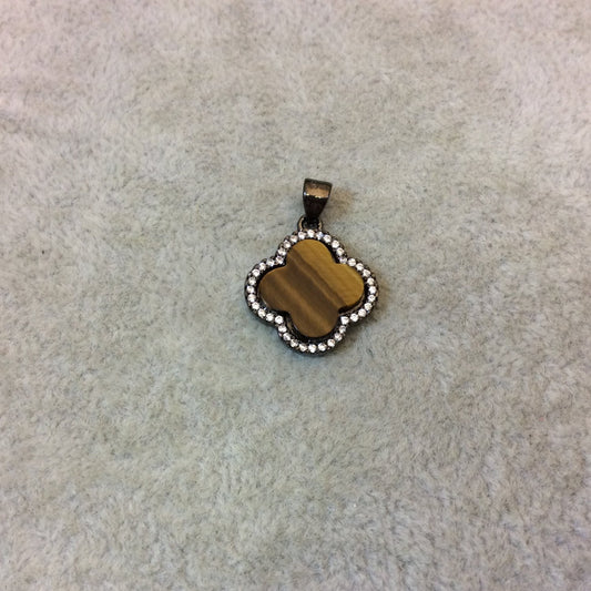 Gunmetal Plated CZ Cubic Zirconia Inlaid Quatrefoil/Clover Shaped Tiger Eye Pendant - Measuring 15mm x 15mm - Three Colors, See Related!