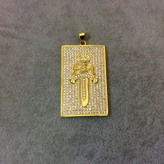 Gold Plated CZ Cubic Zirconia Inlaid Rectangle Shaped Cross Pendant - Measuring 23mm x 38mm - Available in Three Colors, See Related!