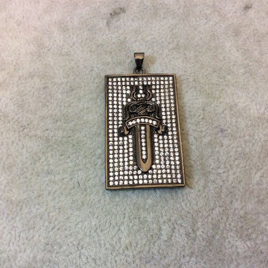 Gunmetal Plated CZ Cubic Zirconia Inlaid Rectangle Shaped Cross Pendant - Measuring 23mm x 38mm - Available in Three Colors, See Related!