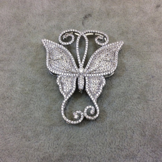 Silver Plated White CZ Cubic Zirconia Inlaid Fancy/Ornate Long Scroll Winged Butterfly Shaped Copper Slider - Measuring 50mm x 57mm