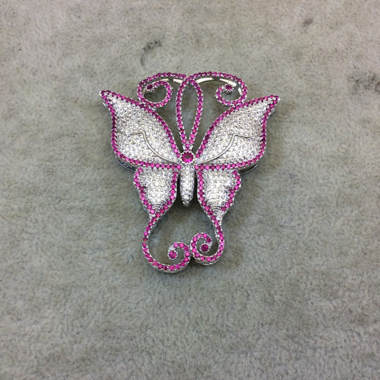 Silver Plated Pink/White CZ Cubic Zirconia Inlaid Fancy/Ornate Long Scroll Winged Butterfly Shaped Copper Slider - Measuring 50mm x 57mm