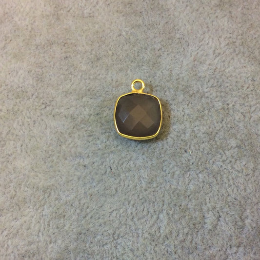 Gold Plated Faceted Natural Semi-Opaque Gray Chalcedony Square Shaped Bezel Pendant - Measuring 12mm x 12mm - Sold Individually