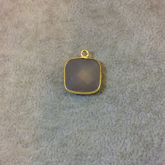 Gold Plated Faceted Natural Semi-Opaque Gray Chalcedony Square Shaped Bezel Pendant - Measuring 15mm x 15mm - Sold Individually