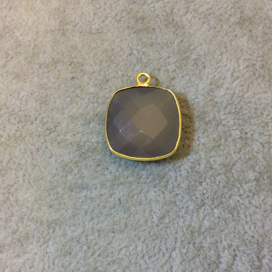 Gold Plated Faceted Natural Semi-Opaque Gray Chalcedony Square Shaped Bezel Pendant - Measuring 18mm x 18mm - Sold Individually