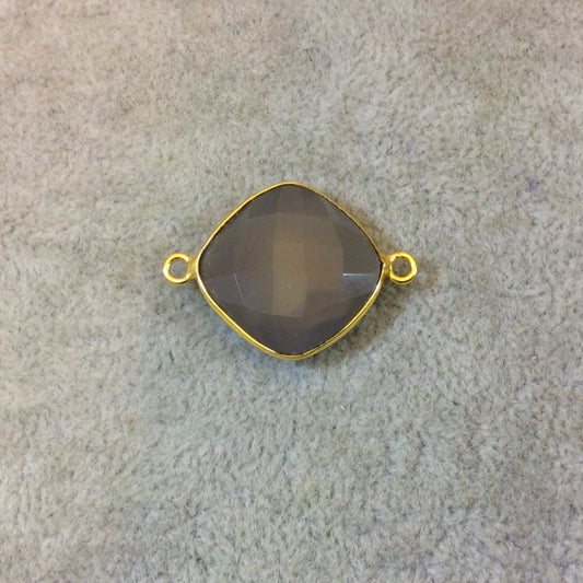 Gold Plated Faceted Natural Semi-Opaque Gray Chalcedony Diamond Shaped Bezel Connector - Measuring 18mm x 18mm - Sold Individually