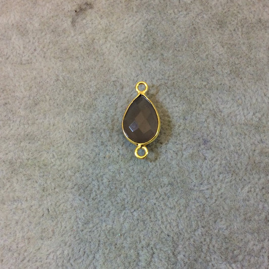 Gold Plated Faceted Natural Semi-Opaque Gray Chalcedony Pear/Teardrop Shaped Bezel Connector - Measuring 10mm x 15mm - Sold Individually