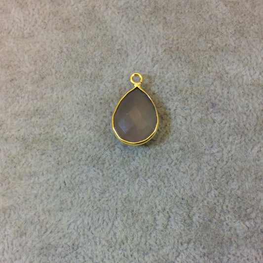 Gold Plated Faceted Natural Semi-Opaque Gray Chalcedony Pear/Teardrop Shaped Bezel Pendant - Measuring 12mm x 16mm - Sold Individually