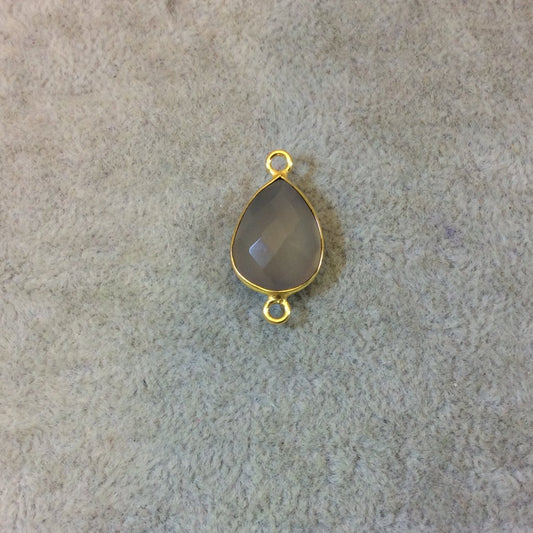 Gold Plated Faceted Natural Semi-Opaque Gray Chalcedony Pear/Teardrop Shaped Bezel Connector - Measuring 12mm x 16mm - Sold Individually