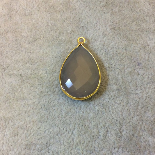 Gold Plated Faceted Natural Semi-Opaque Gray Chalcedony Pear/Teardrop Shaped Bezel Pendant - Measuring 18mm x 25mm - Sold Individually