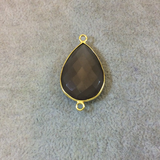 Gold Plated Faceted Natural Semi-Opaque Gray Chalcedony Pear/Teardrop Shaped Bezel Connector - Measuring 18mm x 25mm - Sold Individually