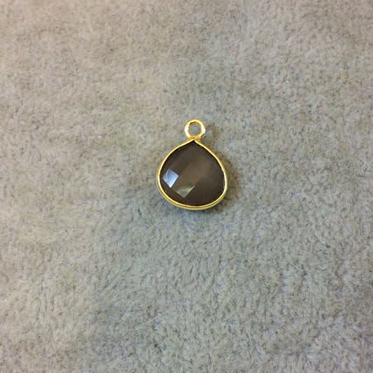 Gray Chalcedony Bezel | Gold Plated Faceted Natural Semi Opaque Heart Teardrop Shaped Pendant - Measuring 12mm x 12mm - Sold Individually