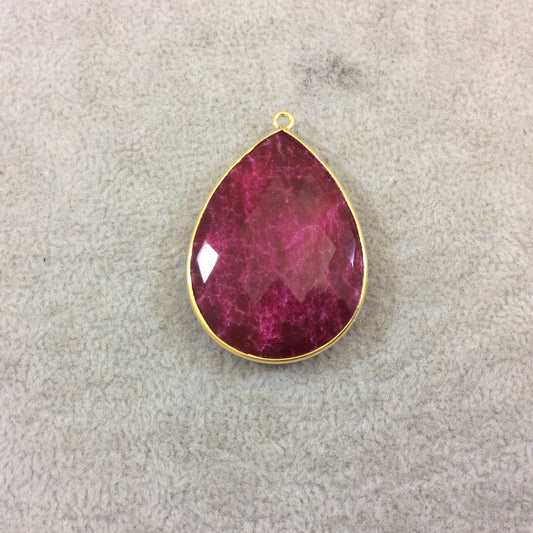 Gold Plated Faceted Synthetic Red/Pink Ruby (Lab Created) Teardrop/Pear Shaped Bezel Pendant - Measuring 28mm x 39mm - Sold Individual