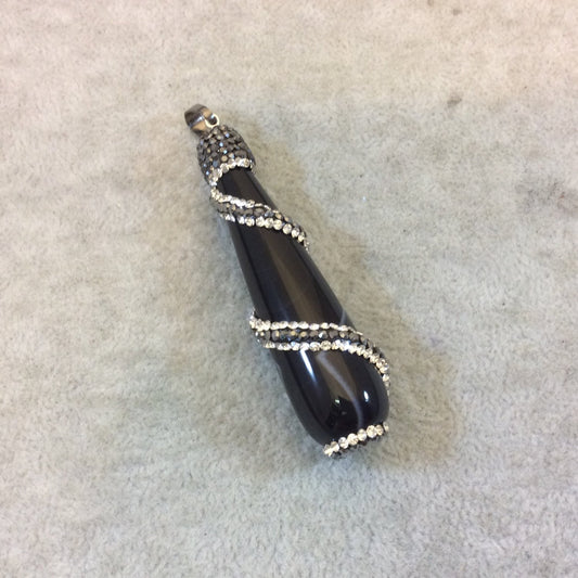 2.5" Pave Rhinestone Encrusted/Wrapped 3D Teardrop Shaped Natural Black Agate Pendant with Attached Bail - Measuring 15mm x 65mm, Approx.