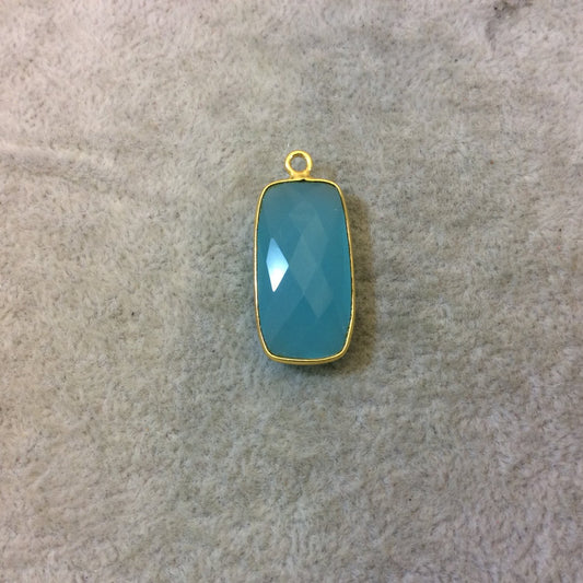 Gold Plated Faceted Aqua Hydro (Lab Created) Chalcedony Rectangle/Bar Shaped Bezel Pendant - Measuring 12mm x 24mm - Sold Individually