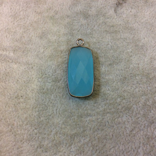 Gunmetal Plated Faceted Aqua Hydro (Lab Created) Chalcedony Rectangle/Bar Shaped Bezel Pendant - Measuring 12mm x 24mm - Sold Individually