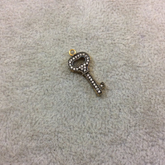 Small Oxidized Gold Finish Key Shaped CZ Cubic Zirconia Inlaid Plated Copper Pendant Component - Measuring 10mm x 20mm - Sold Individually