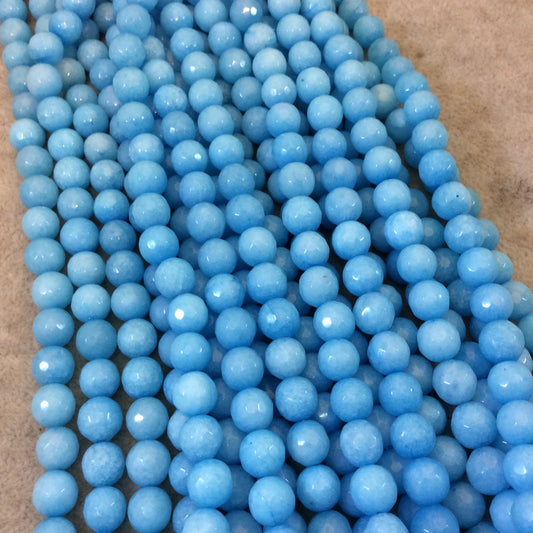 8mm Faceted Dyed Sky Blue Natural Jade Round/Ball Shaped Beads with 1mm Beading Holes - Sold by 15.25" Strands (Approximately 47 Beads)