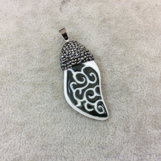 Rhinestone Encrusted Swirly Leaf Shaped Glazed White/Green Ceramic Focal Pendant - Measuring 20mm x 45mm, Approx. - Sold Individually