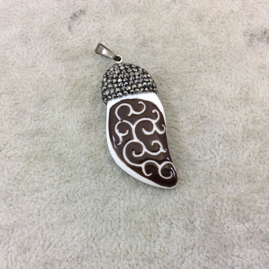 Rhinestone Encrusted Swirly Leaf Shaped Glazed White/Brown Ceramic Focal Pendant - Measuring 20mm x 45mm, Approx. - Sold Individually