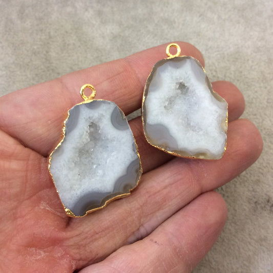 Pair of OOAK Gold Electroplated Natural Druzy Agate Geode Half Freeform Shaped Pendants - Measuring 25mm x 31mm - Unique, As Pictured