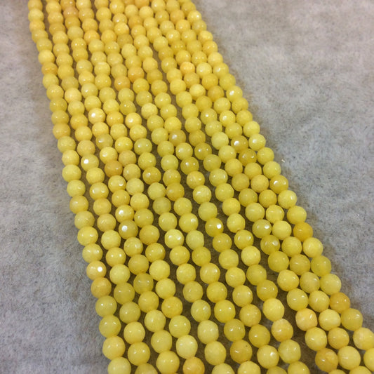 4mm Faceted Dyed Canary Yellow Natural Jade Round/Ball Shaped Beads - Sold by 14.5" Strands (Approx. 90 Beads) - Semi-Precious Gemstone