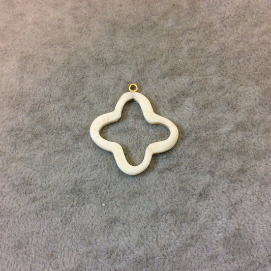Small White/Ivory Open Quatrefoil Shaped Natural Ox Bone Focal Pendant with Attached Gold Suspension Ring - Measuring 28mm x 28mm, Approx.