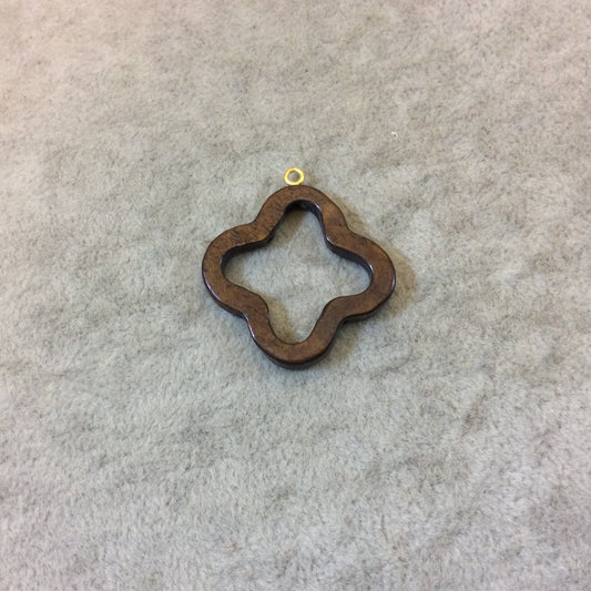 Small Dark Brown Open Quatrefoil Shaped Natural Ox Bone Focal Pendant with Attached Gold Suspension Ring - Measuring 28mm x 28mm, Approx.