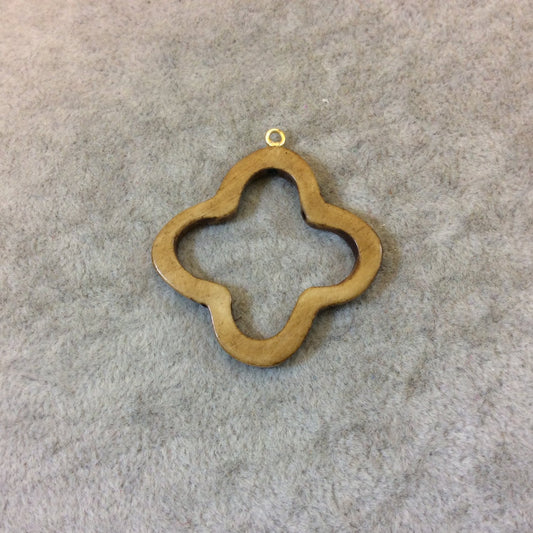 Medium Light Brown Open Quatrefoil Shaped Natural Ox Bone Focal Pendant with Attached Gold Suspension Ring - Measuring 36mm x 36mm, Approx.