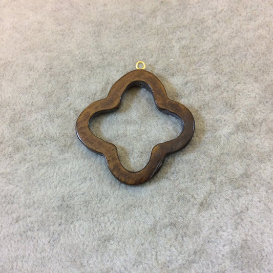 Medium Dark Brown Open Quatrefoil Shaped Natural Ox Bone Focal Pendant with Attached Gold Suspension Ring - Measuring 36mm x 36mm, Approx.