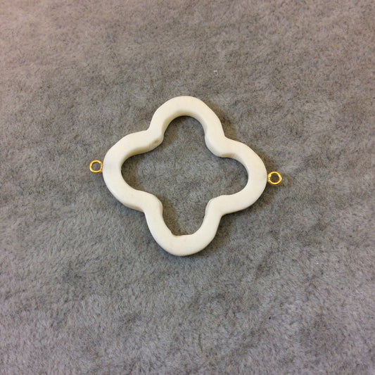 Medium White/Ivory Open Quatrefoil Shaped Natural Ox Bone Connector with Attached Gold Suspension Rings - Measuring 36mm x 36mm, Approx.
