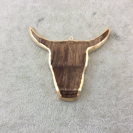 Gold Electrolated Natural Brown Wooden Bull/Steer Skull Shaped Focal Pendants - Measuring 65mm x 63mm Approximately - Sold Individually