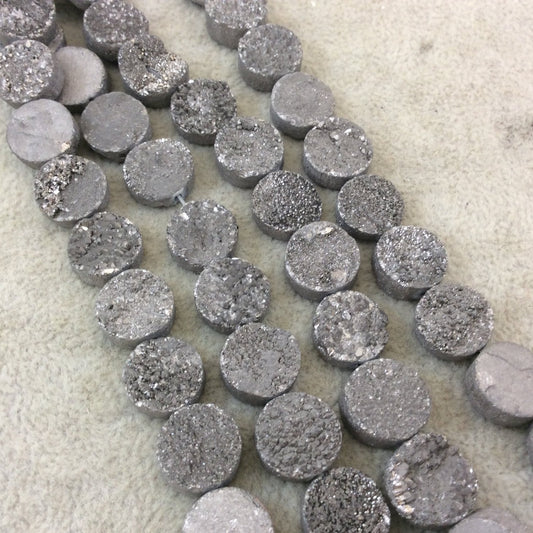 12mm Metallic Silver Premium Druzy Agate Flat Round/Coin Shaped Beads - 8" Strand (Approximately 16 Beads) - Natural Semi-Precious Gemstone