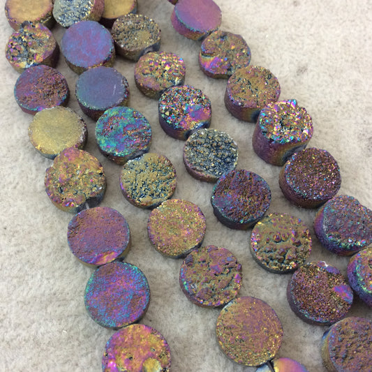 12mm Warm Rainbow Premium Druzy Agate Flat Round/Coin Shaped Beads - 8" Strand (Approximately 16 Beads) - Natural Semi-Precious Gemstone
