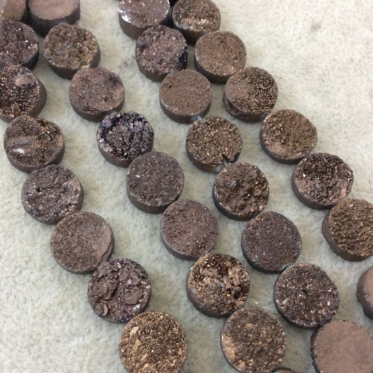 12mm Metallic Brown Premium Druzy Agate Flat Round/Coin Shaped Beads - 8" Strand (Approximately 16 Beads) - Natural Semi-Precious Gemstone