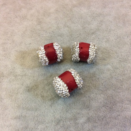 Single Rhinestone Encrusted Cylinder/Barrel Shaped Dyed Red Coral Bead - Measuring 15mm Long, Approx - Sold Individually, Selected Randomly
